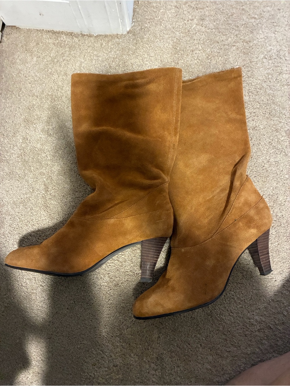 Kelsi Dagger Camel Suede Mid-Calf Heeled Boots
